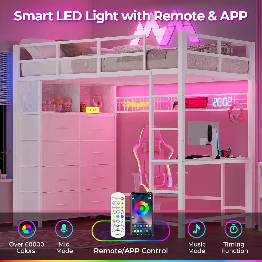 Twin Size Loft Bed with Integrated Desk, Eight Storage Drawers, Metal with Twin Mattress, LED Lights, and Charging Station