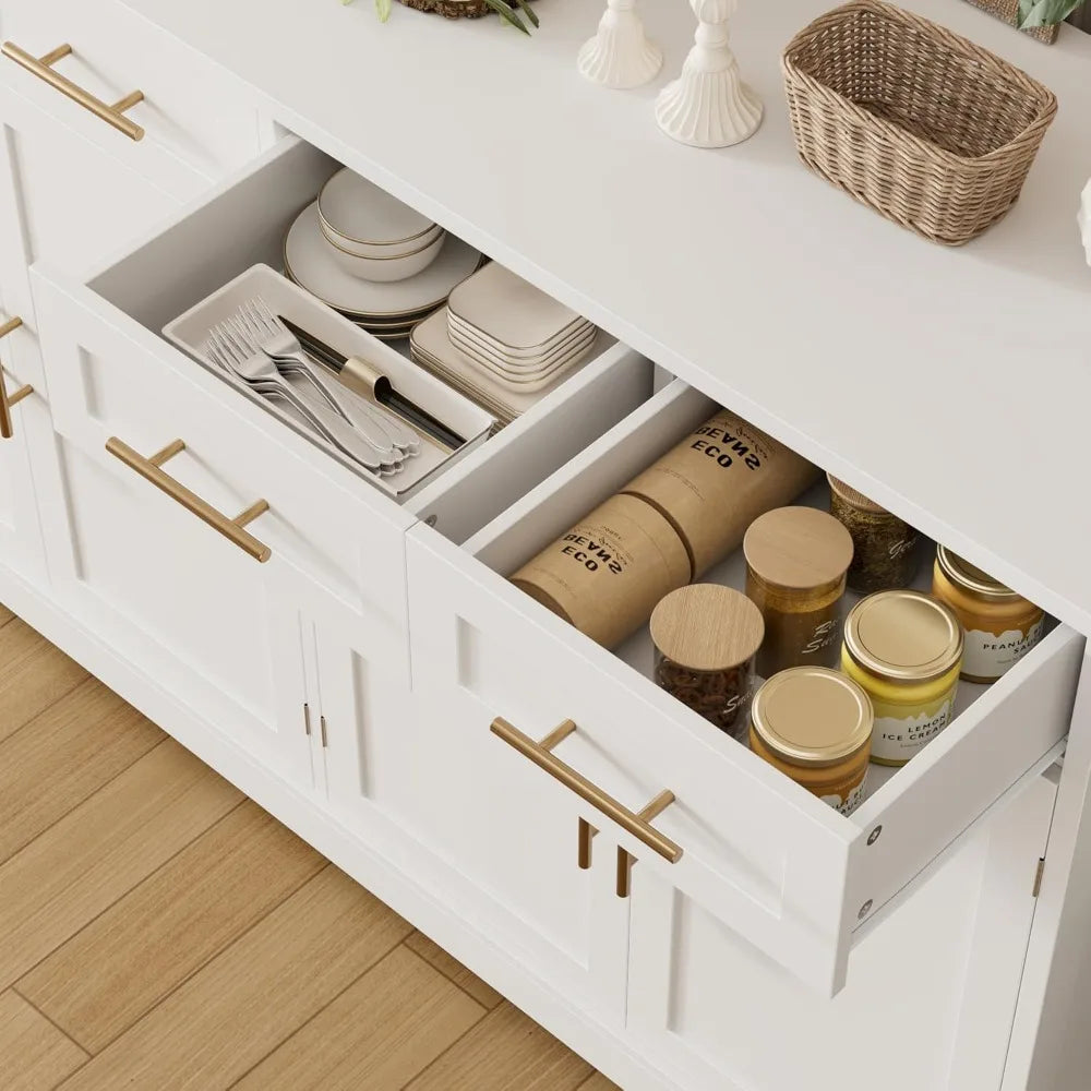 60" Modern Buffet Cabinet with 4 Drawers, Gold Handles, White Kitchen Storage Sideboard