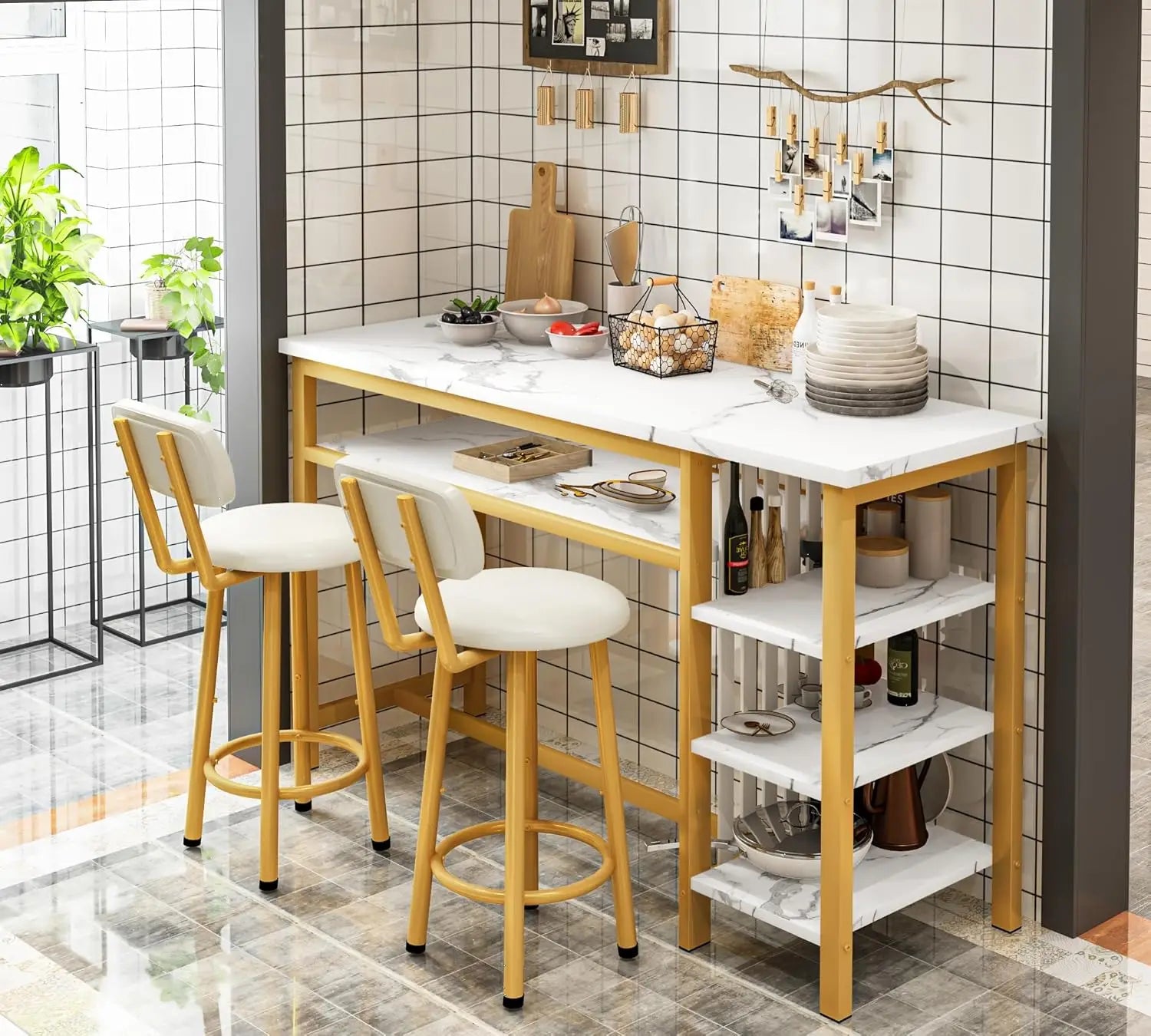 3-Piece Bar Table and Chairs Set, Modern White Faux Marble Table with 2 Cushion Bar Stools, Kitchen Counter