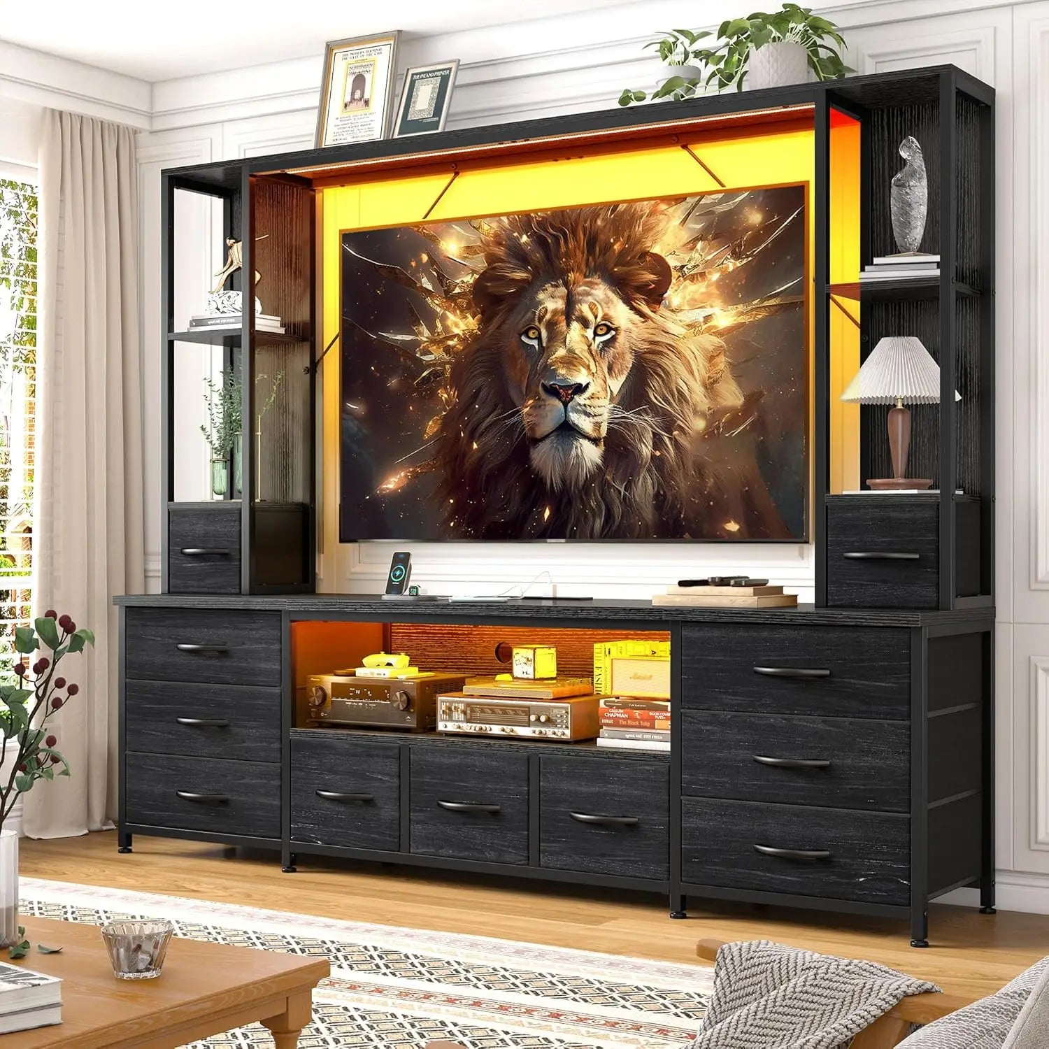 65" TV Stand for Living Room, Large Wall Unit Entertainment Center with 11 Fabric Drawers ,Dresser with 2 LED Lights