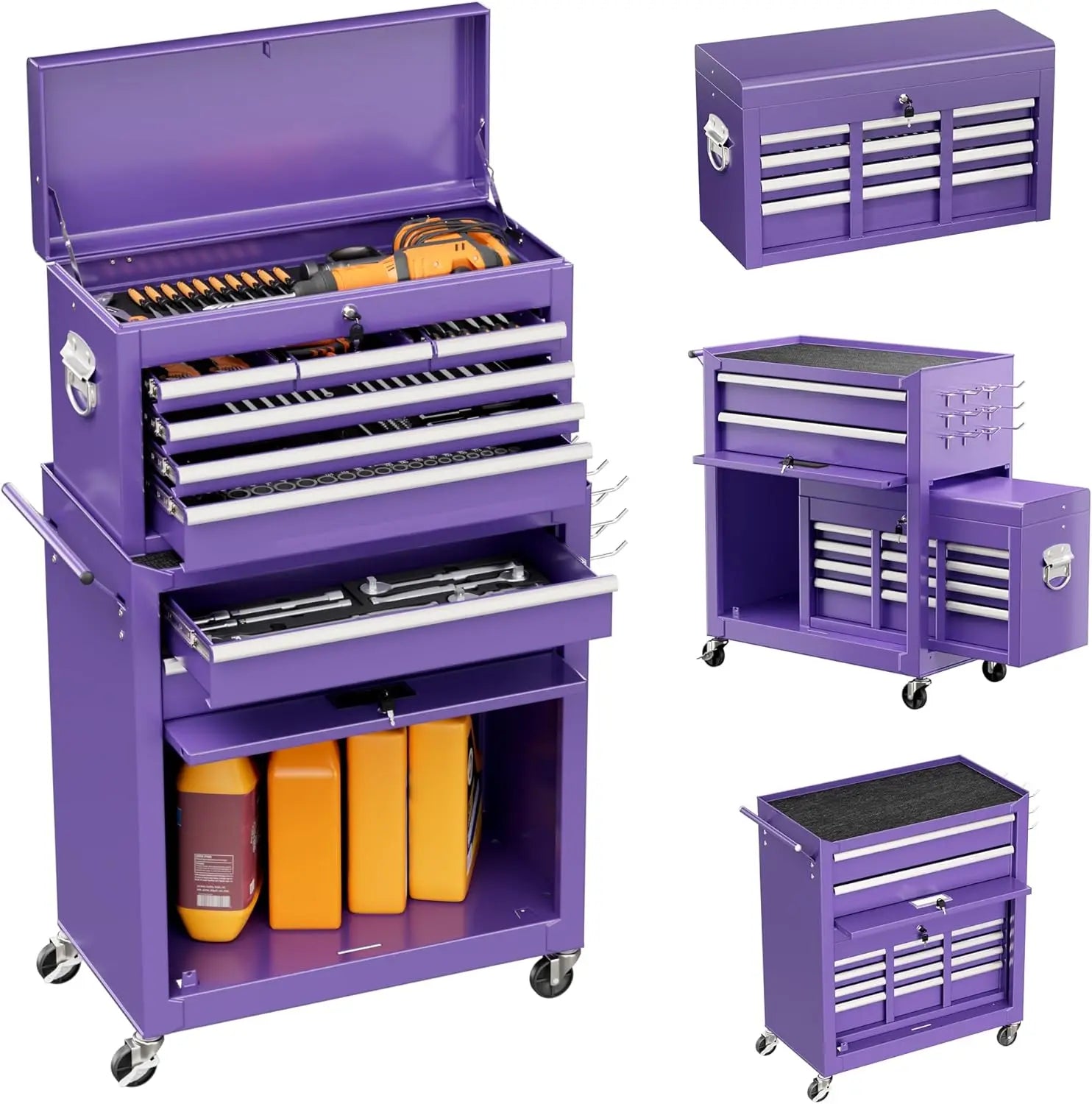 8 Drawer Tool Chest with Wheels, 2-in-1 Detachable Rolling Tool Chest with Drawers, Large Tool Cart on Lockable Wheels