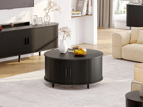 Round Coffee Table with Storage,31.5"/ Modern Coffee Table with 360° Curved Sliding Door, Fluted Wood Accent Coffee Table