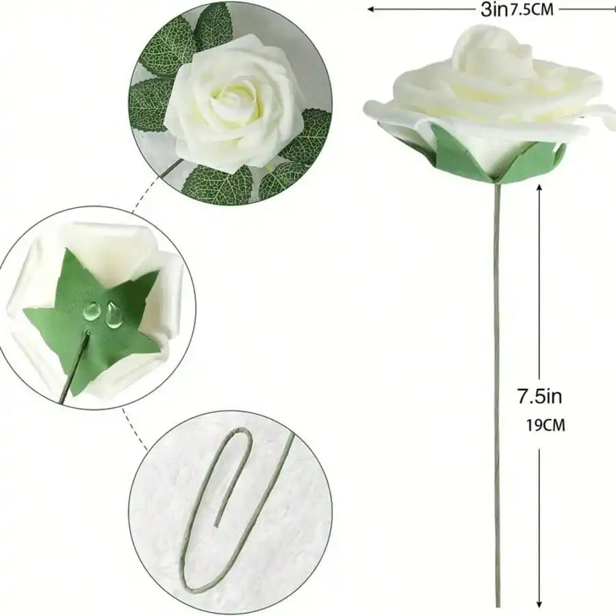 50/25/5 Pcs White Artificial Roses With Stems & 6 Corner Leaves, Realistic Fake Rose Flowers, DIY Wedding Bouquet, Bridal Gift, Table & Home Decor, Elegant Floral Arrangements, No Vase Needed