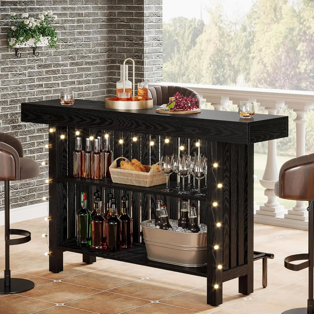 Black Large Home Bar Unit, 2-Tier Mini Bar Pub Table with Footrest, 63-Inch Modern Coffee Bar Cabinet