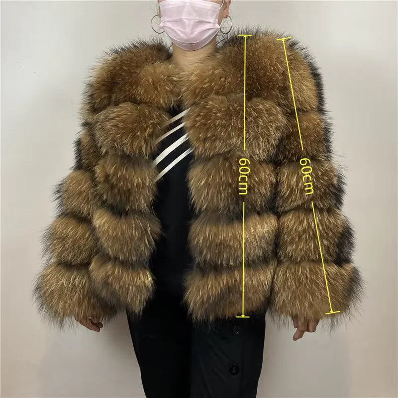BEIZIRU Women's Real Raccoon Fur Coat Winter Long Sleeve Hooded Jacket with Turndown Collar/ Natural Luxury /Thick Top