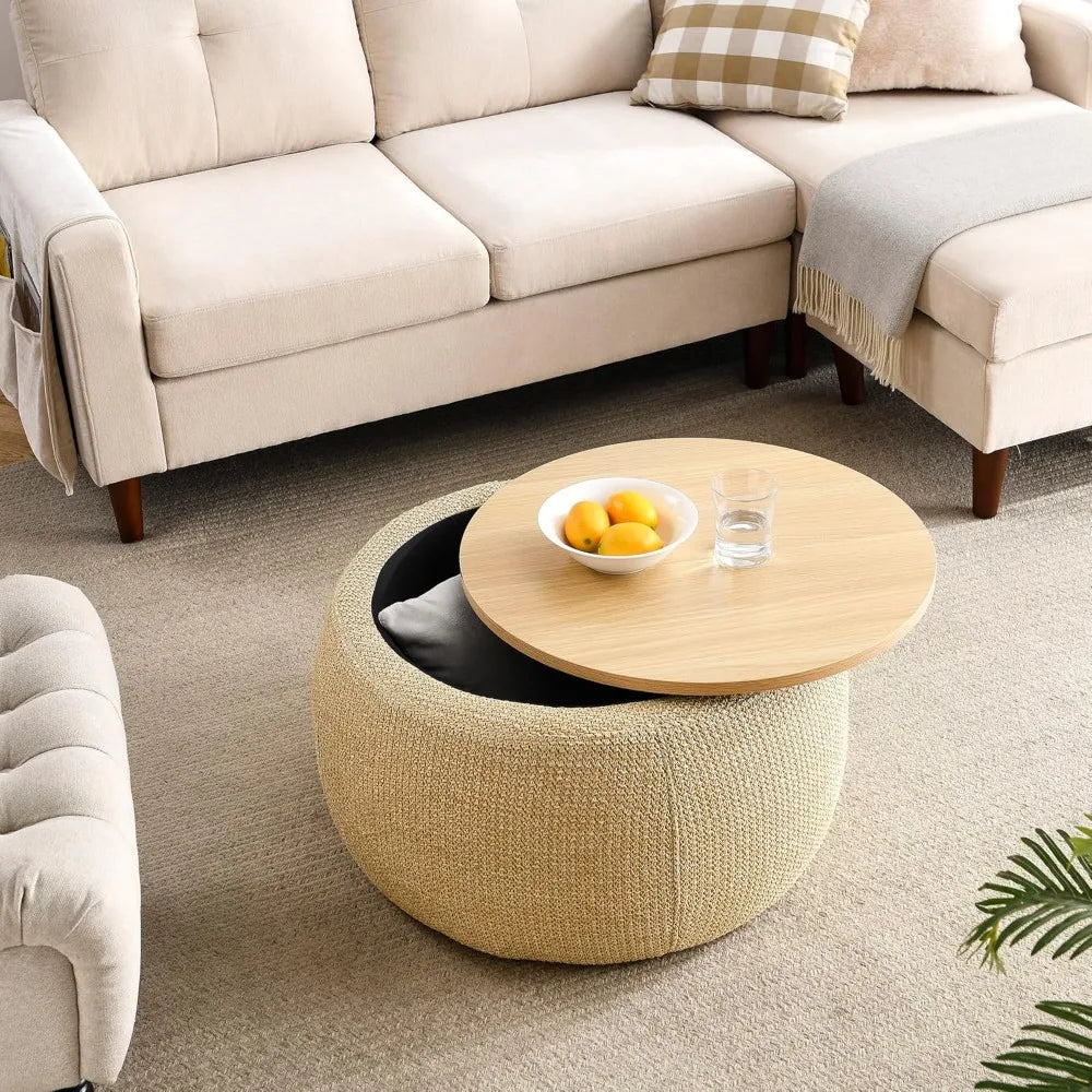 Modern Round Storage Ottoman with Wooden Lid, Circle Ottoman Handmade Ottoman Coffee Table, End Table & Footstool for Living Room