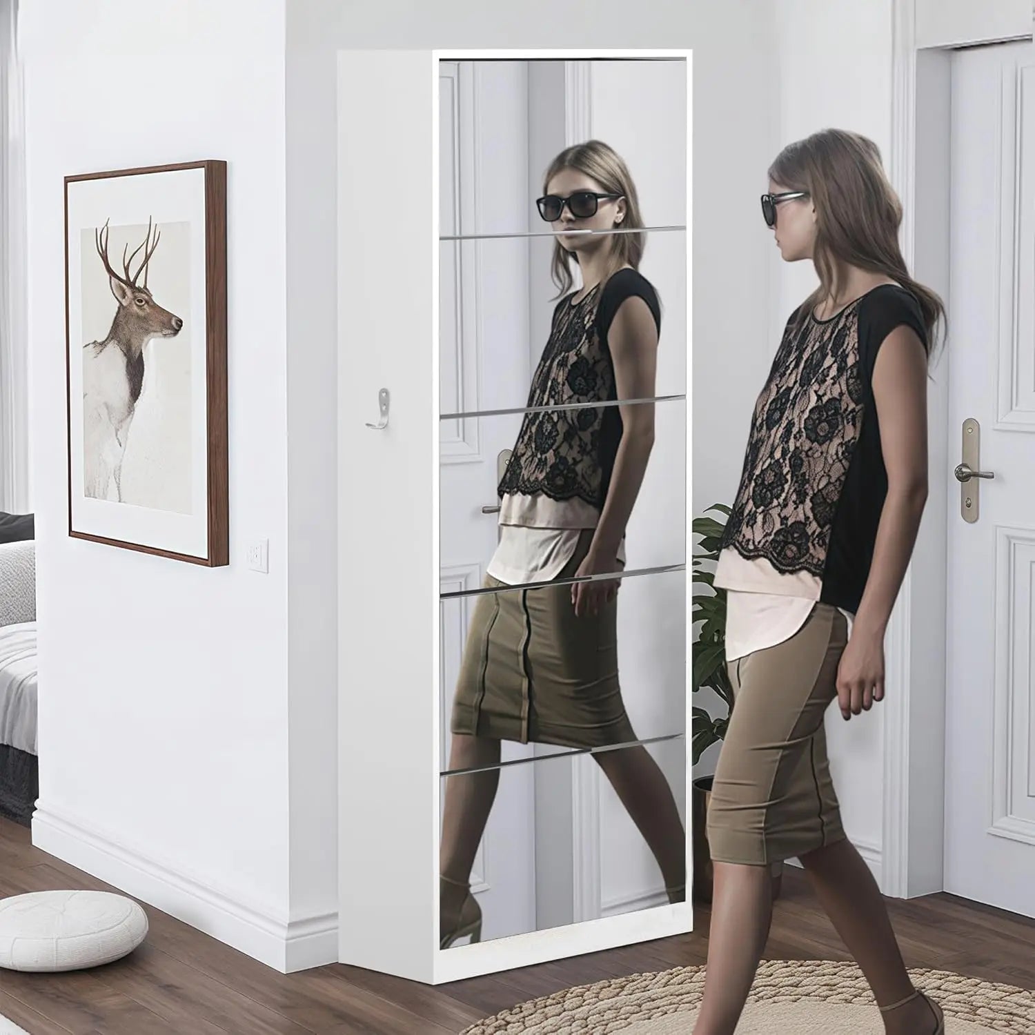 Mirror Shoe Cabinet with Explosion-Proof Glass - 5-Tier Space-Saving Entryway Storage Organizer,Slim Shoe Rack with Flip Drawers