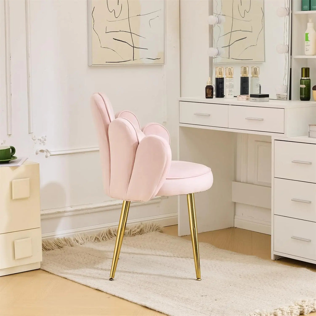 Petal Makeup Vanity Chair -Cute Girls Desk Chair, Modern Dining Chair, Velvet Pink