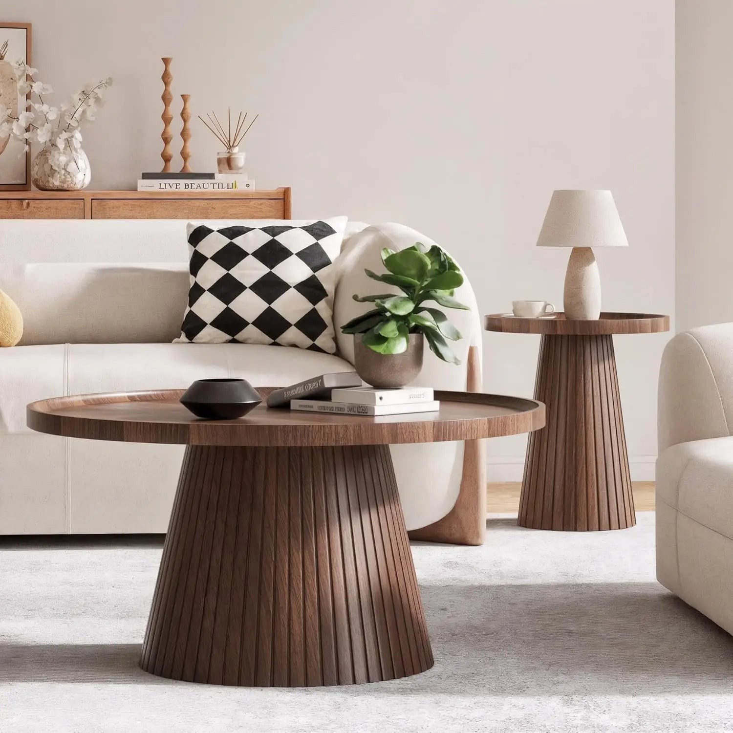 Nesting Coffee Table Set of 2, Mid Century Modern Coffee Table with Wood Grain Veneer, Fluted Round Tea Table