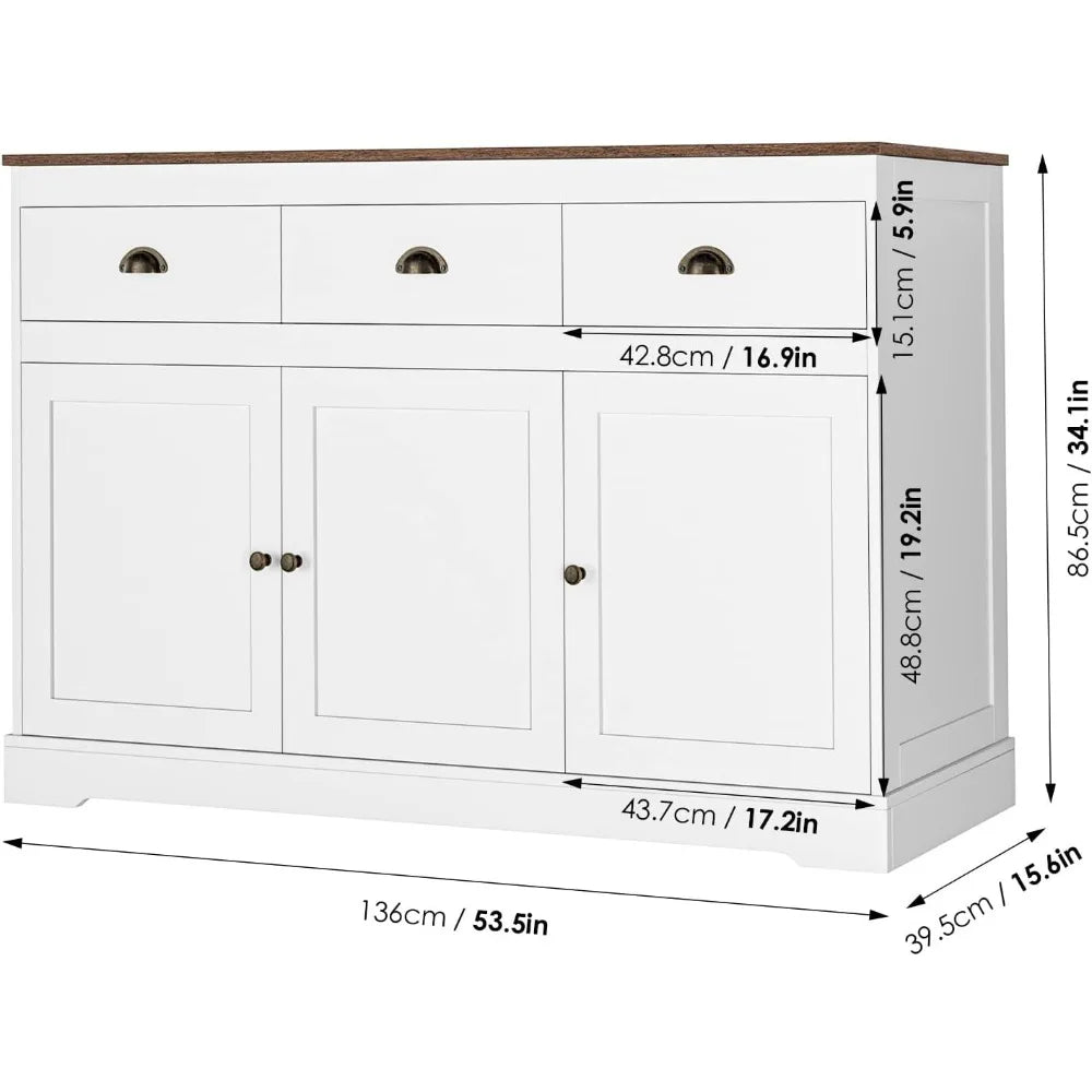White Buffet Farmhouse Cabinet Storage Sideboard, Bar Wine Cabinet with 3 Drawers & 3 Doors Adjustable Shelves