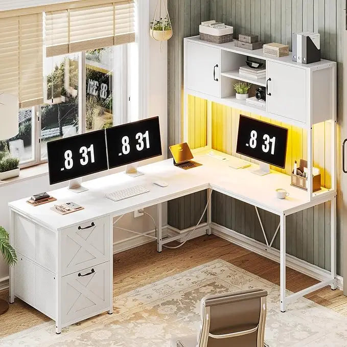 Contemporary White L-Shaped Desk for Home Office, Farmhouse Style with Fabric Drawers and Built-In Power Outlet, LED Lit