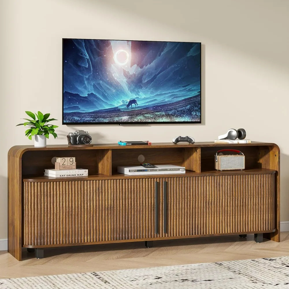 Mid-Century Modern Wood TV Stand for 75-80" TVs, Storage-Friendly Entertainment Center Console