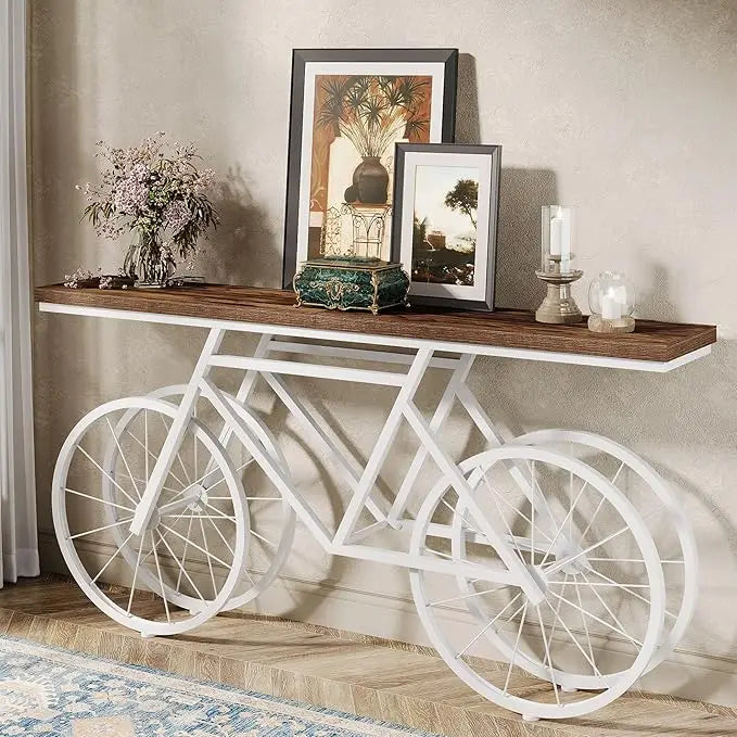 70.9-Inch Extra Long Console Table, Narrow Sofa Table with Bicycle Metal Base, Modern Industrial Entryway Table for Living Room