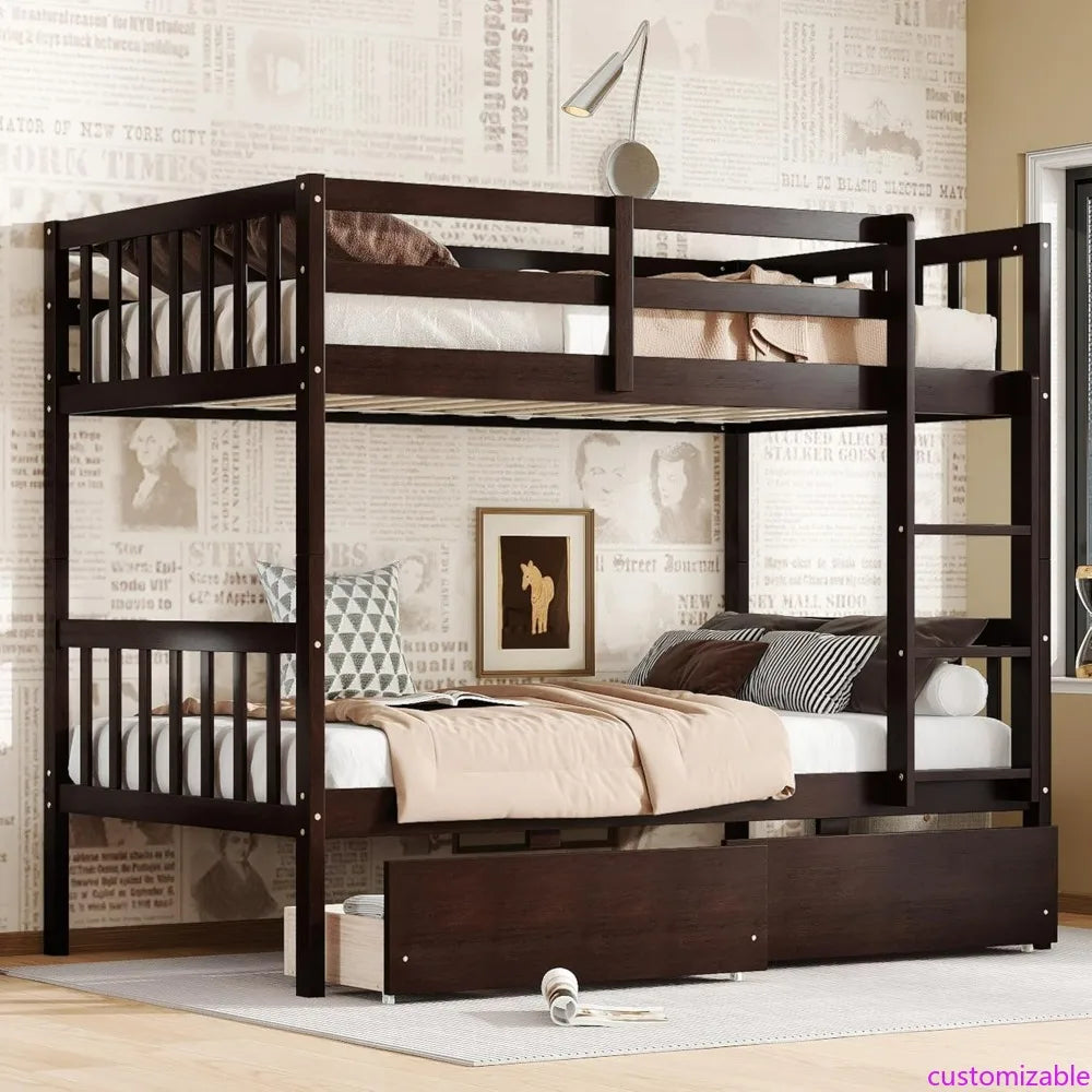 Solid Wood Twin Bunk Bed with Storage, Ladders, and Raised Guardrails for Kids, Convertible Option