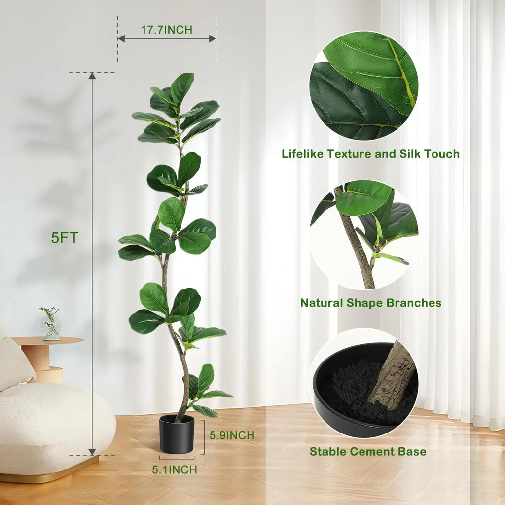 5/6/7ft Lifelike Artificial Fiddle Leaf Fig Tree, Fake Ficus Tree with Sturdy Cement Base, Indoor/ Outdoor Decor for Home/ Office/ Living Room, Ideal Housewarming Gift