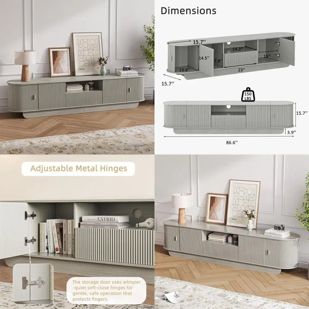 86.61'' TV Stand for 55-85", Entertainment Center with Large Storage Cabinet and Sliding Door, Curved Profile Design