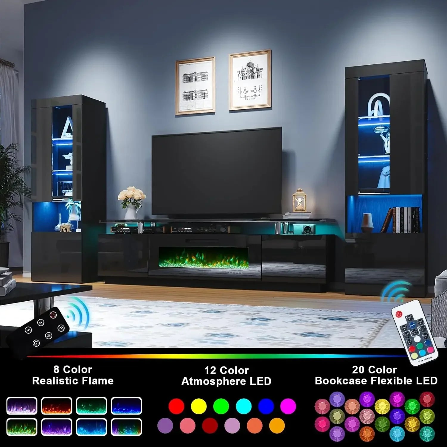 Entertainment Center with Fireplace and Bookcases, Fireplace TV Stand with 40" Fireplace, LED Lights & Glass Doors