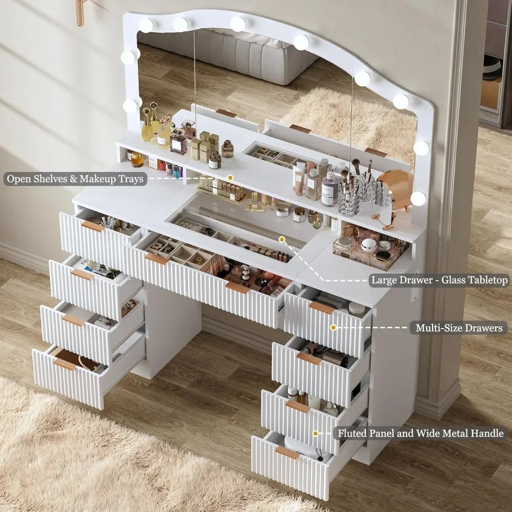 Illuminated Fluted Vanity Desk with Large Mirror, Glass Top, 9 Storage Drawers, and 3-Color Lighting Options