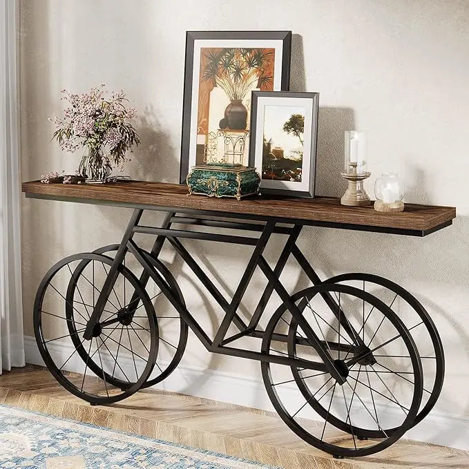 70.9-Inch Extra Long Console Table, Narrow Sofa Table with Bicycle Metal Base, Modern Industrial Entryway Table for Living Room
