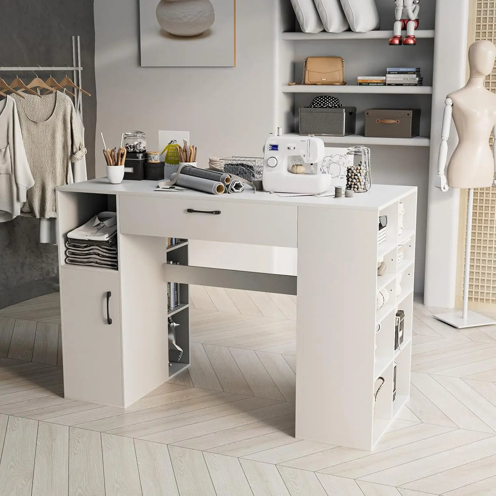 36” Counter Height Sewing Table, 53 Inch Artwork Craft Table with 14 Open Compartments, 3-Position Adjustable Shelf