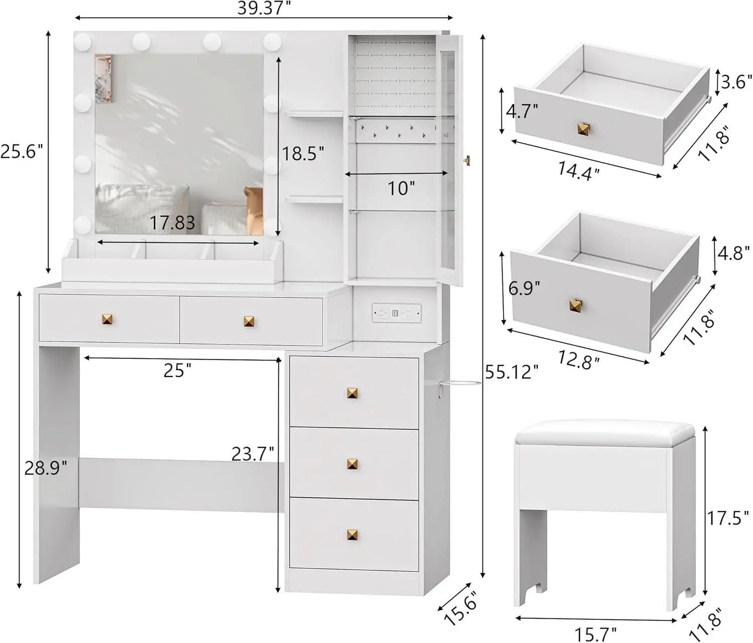 Vanity Desk with Mirror and Lights, White Makeup Vanity with 5 Drawers Hidden Jewelry Organizer & LED Glass Cabinet