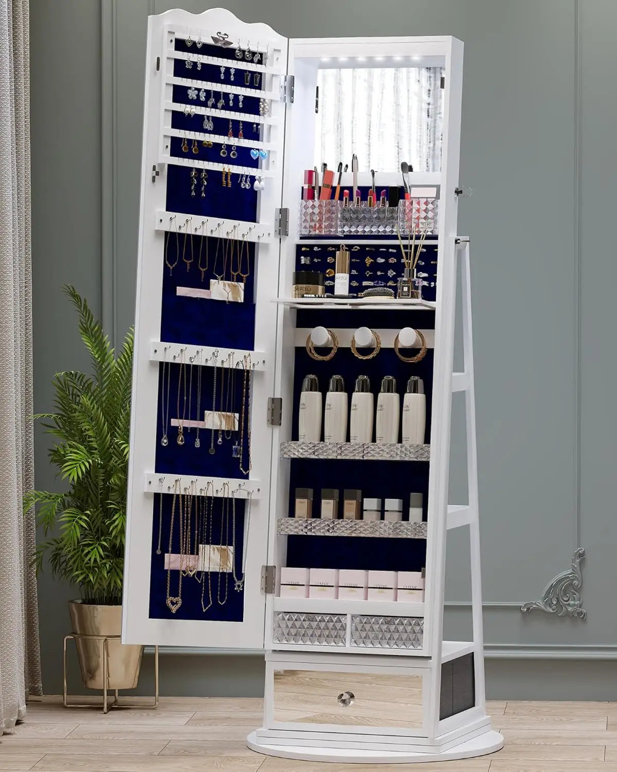 Full-Length Mirror Jewelry Cabinet Standing, 360° Swivel Jewelry Armoire