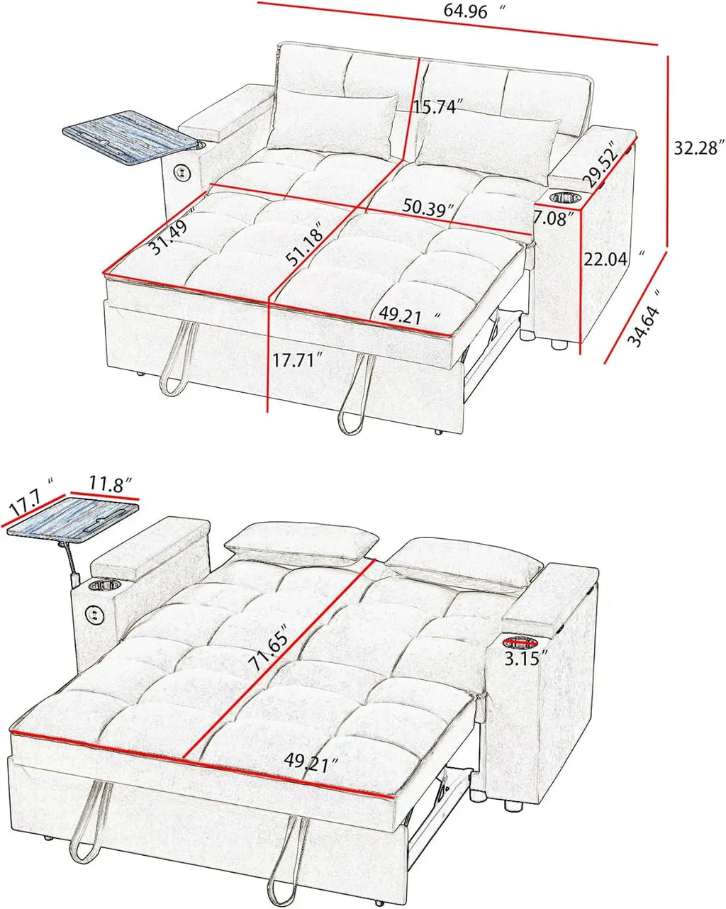 65-inch 3-in-1 Folding Sofa Bed with Pullout Function, Modern Chenille Fabric, 360-Degree Swivel Side Table
