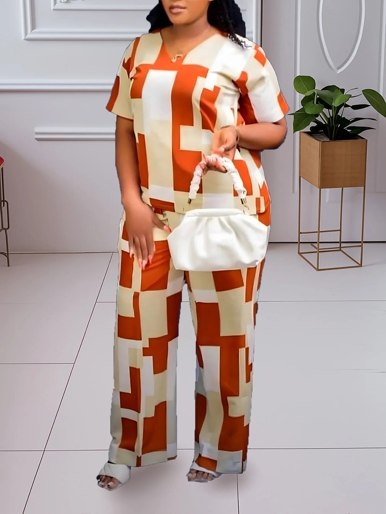 Plus - Size Retro Geometric Set! Brown & White Color - Block, Slay Your Daily Outings