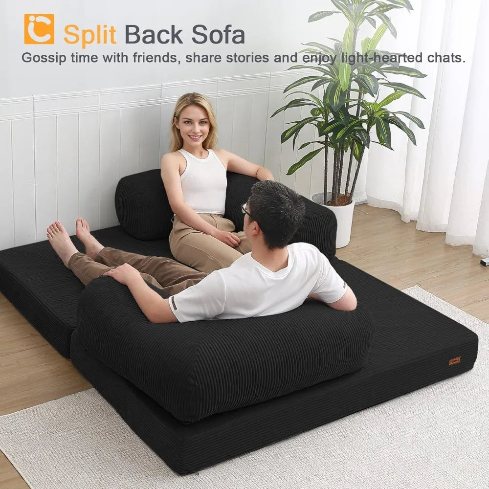 Folding Sofa Bed Queen, 4-in-1 Foldable Floor Couch Convertible Futon Sofa with Armrests Sleeper Mattress Chair/ Bed