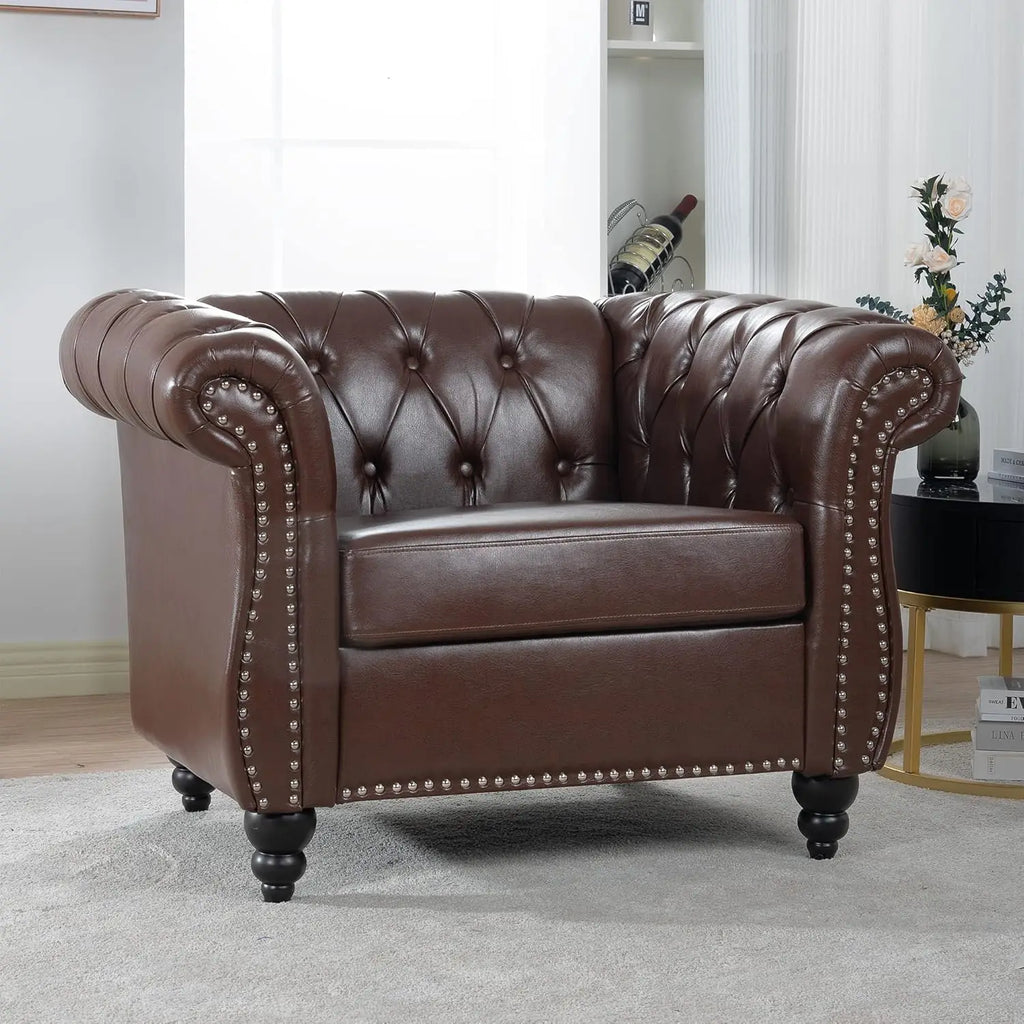 Leather Chesterfield Chair, Mid-Century Modern Single Sofa Chair, Tufted Upholstered Rolled Armchair