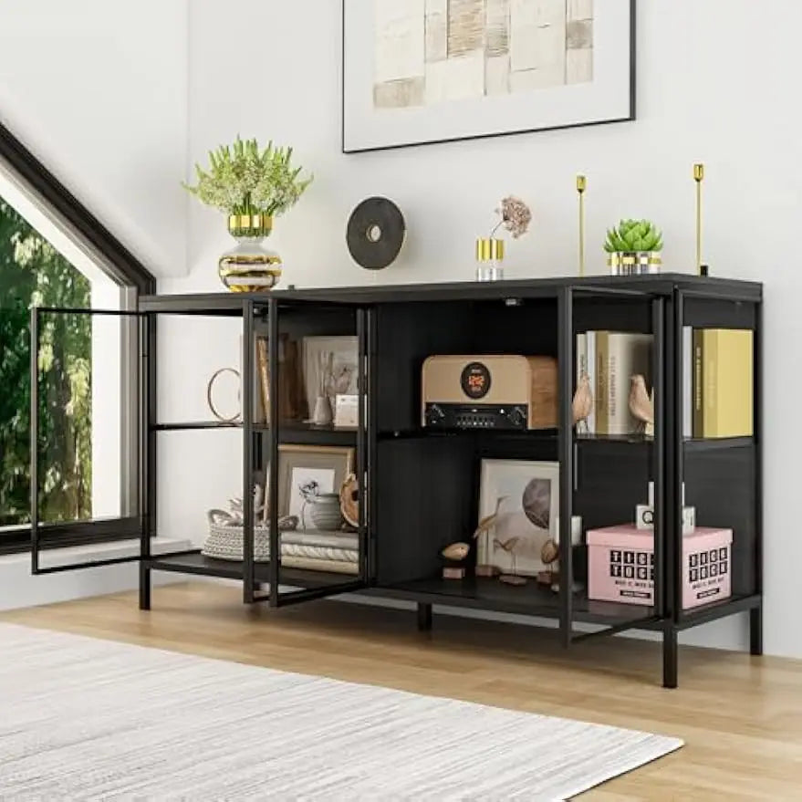 Storage Cabinet with 3-Color LED Lights, Sideboard Buffet with Solid Metal Legs, Modern Display Cabinet, Black