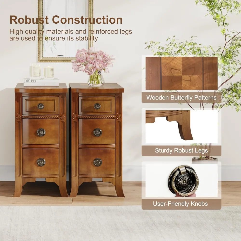 Solid Wood End Table, 3-Drawer Narrow Side Table Slim Chair Table for Living Room, Sofa Table with Drawers, Small Nightstand