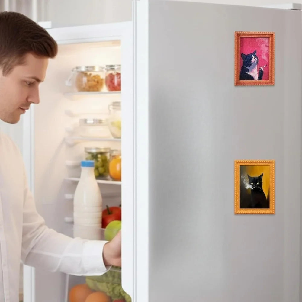 3D Funny Wooden Fridge Magnets Frame, Retro Cool Cat Magnetic Refrigerator/ Locker Magnet/ Photo Frames Holder for Home/ Kitchen/ Office Indoor/ Outdoor Decorations