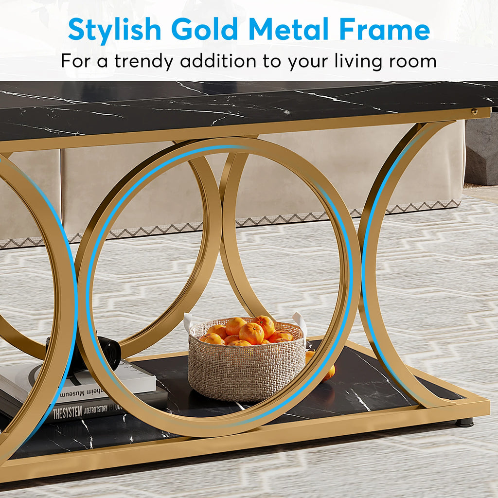 Rectangle Coffee Table, 2-Tier Faux Marble Wood