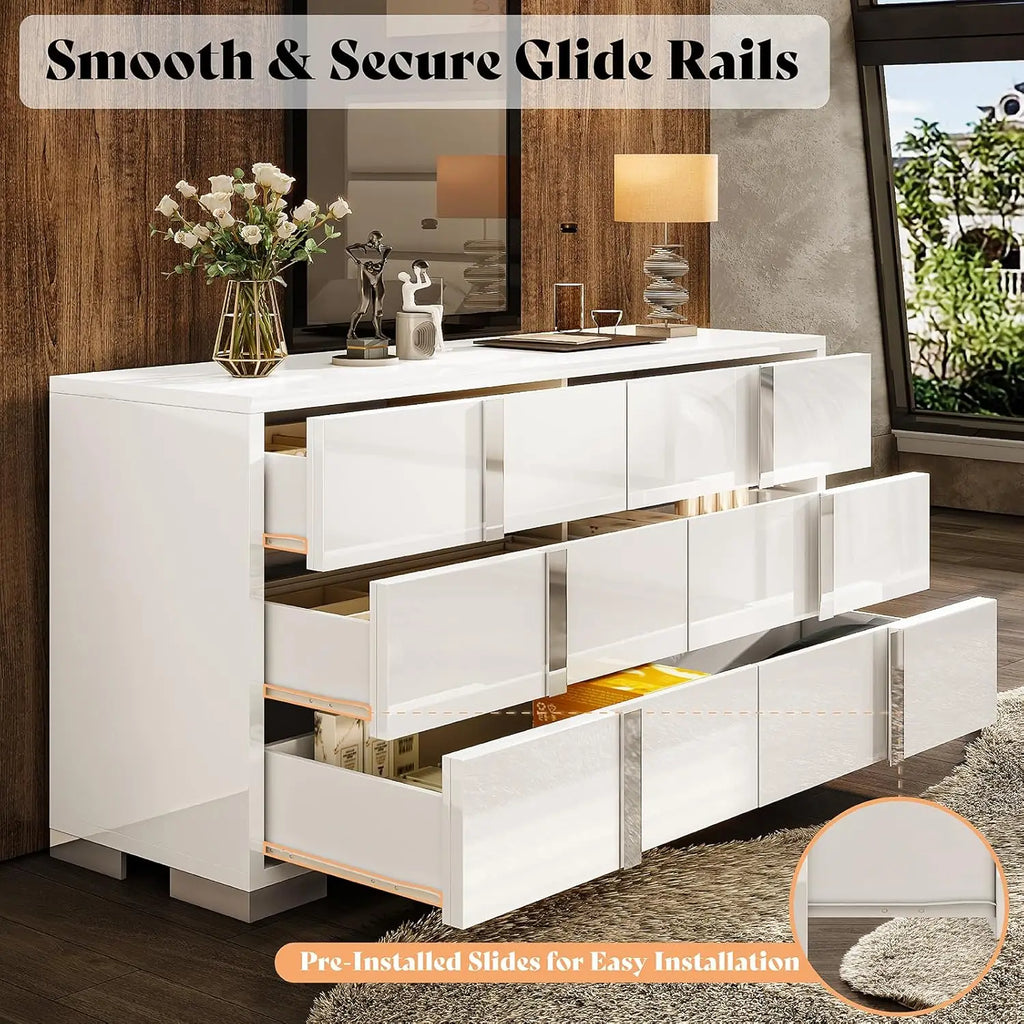 Modern Storage Chest of Drawers with Wide Tabletop,54" W High Gloss 6 Drawers Dresser with Silver Grooved Handles