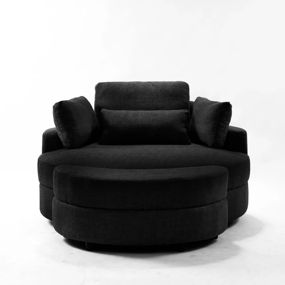 Linen Fabric Upholstered Oversized Round Armchair with Storage Ottoman, Headrest, and 4 Pillows