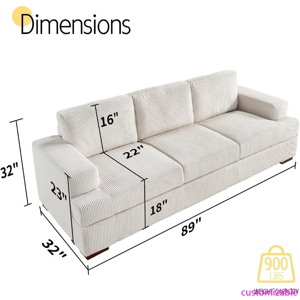 89" Comfortable 3-Person Sofa with Wooden Legs, Deep Seating White Corduroy Modern Couch for Living Room