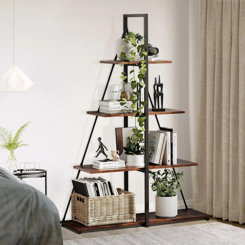 4-Tier A-Frame Ladder Shelf Bookcase - Steel Frame Bookshelf | Rustic Book Storage Shelf for Living Room, Bedroom or Kitchen, Living Room Display Rack Stand