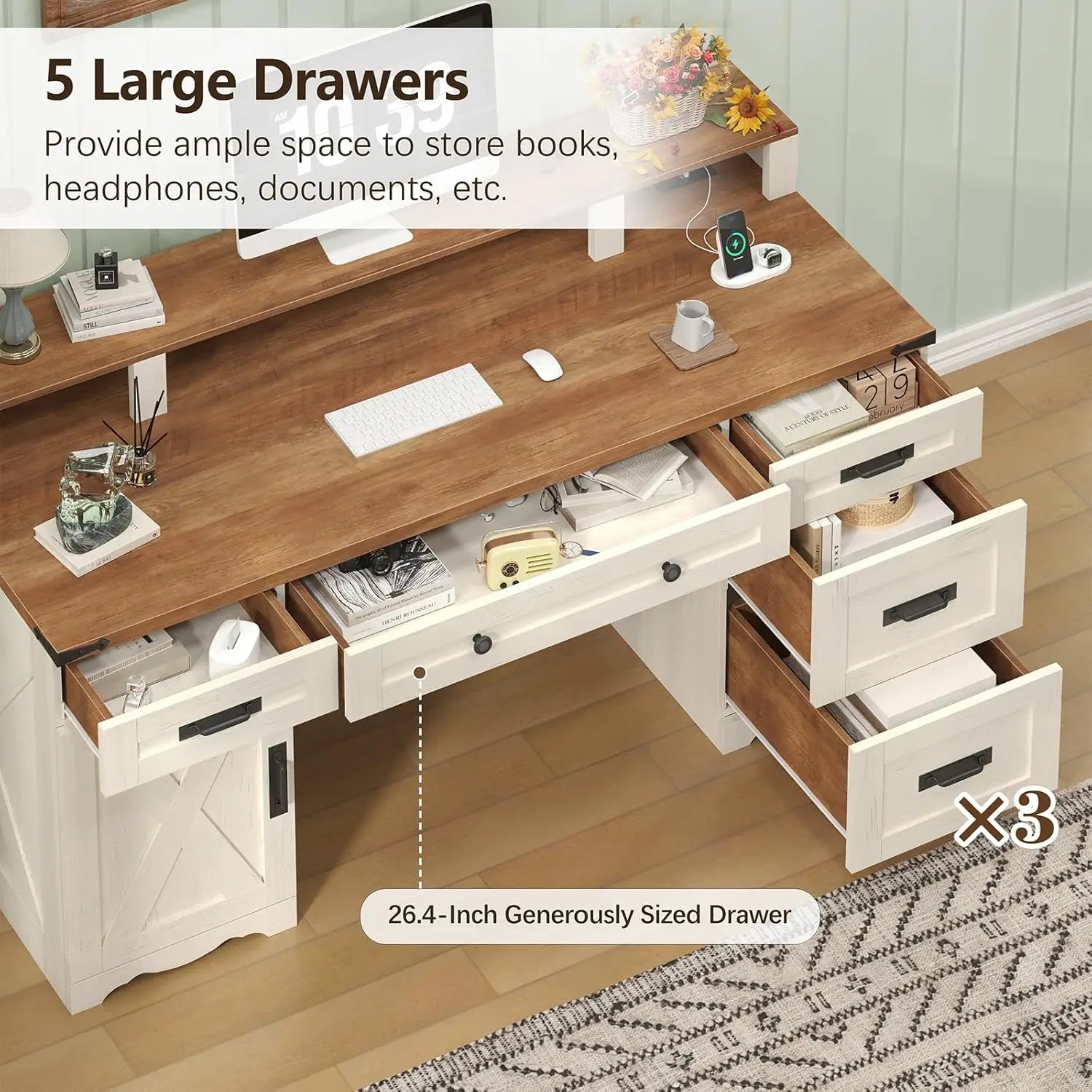 Farmhouse Executive Desk with Drawers & Storage Shelves, 55" Computer Desk with Power Outlets, Home/ Office Desk