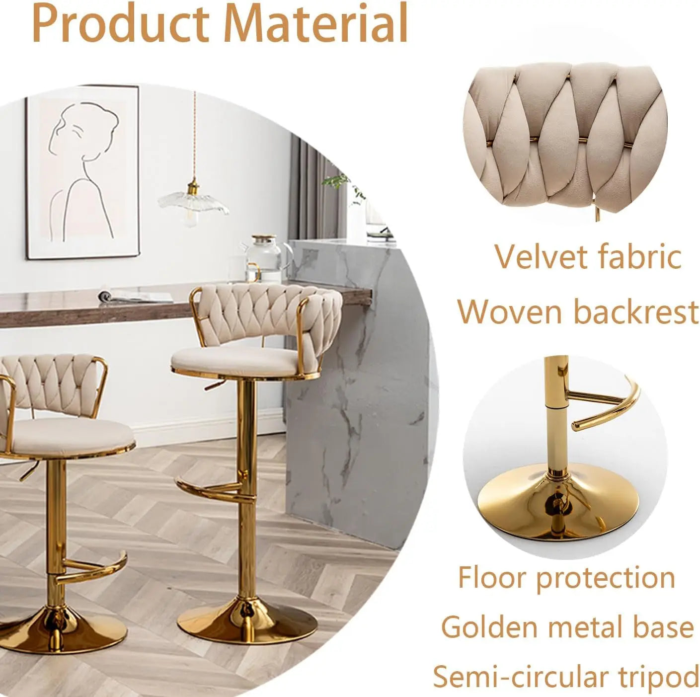 Counter Height Barstools with Low Back, Swivel Bar Stool for Kitchen Island, Gold Velvet Bar Stools Set of 4, Pub (Beige)