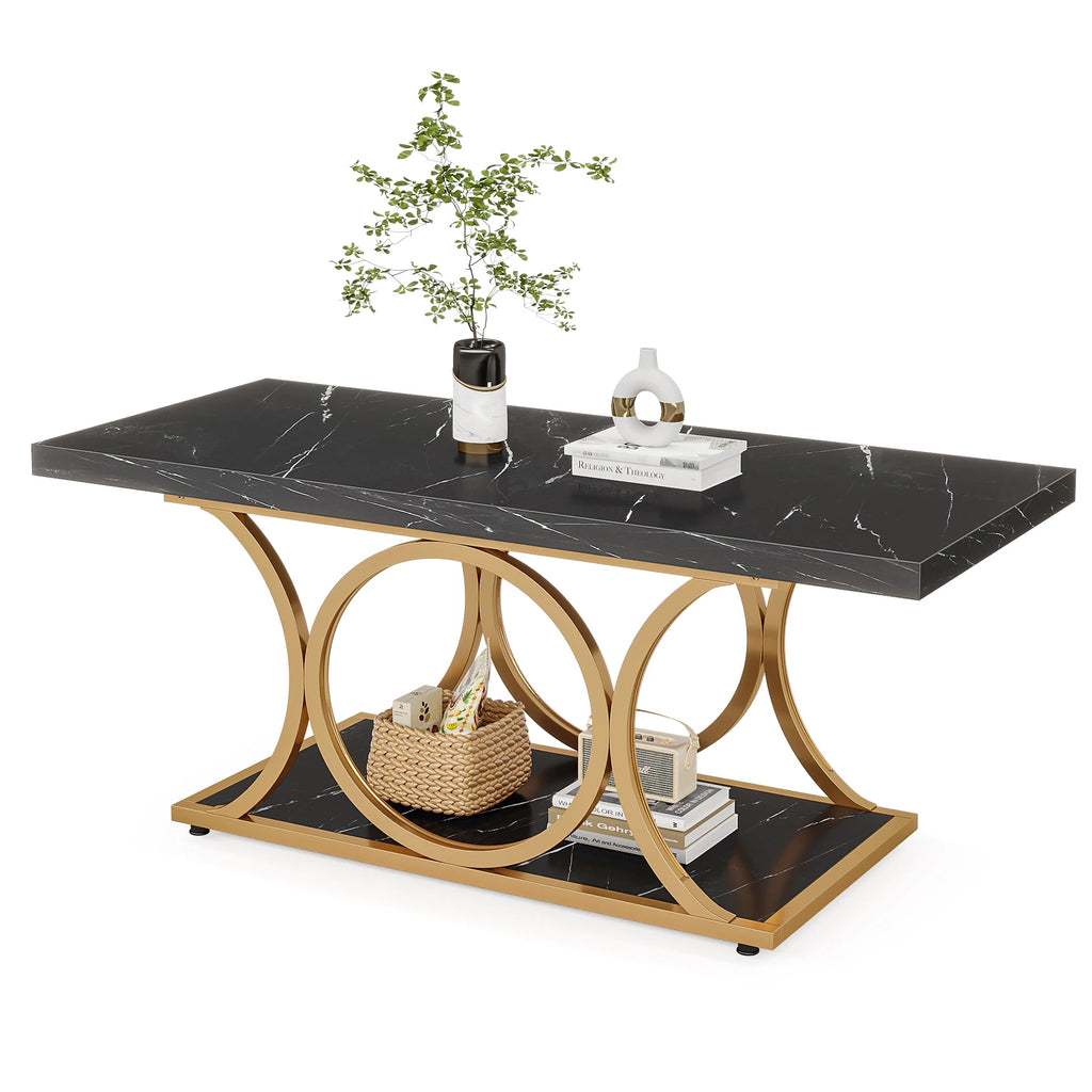 Rectangle Coffee Table, 2-Tier Faux Marble Wood