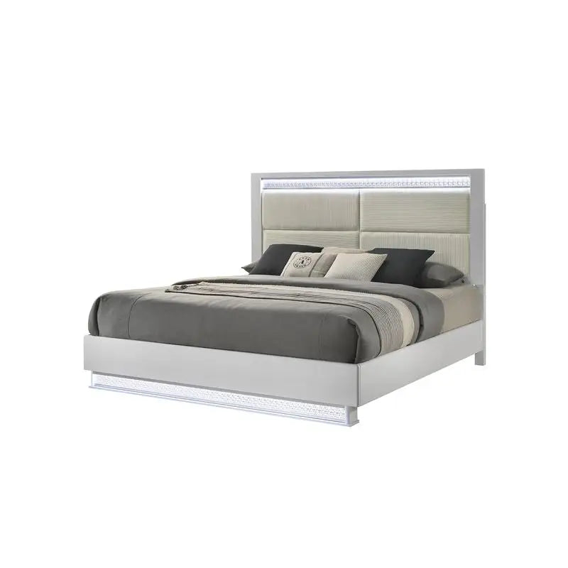Modern 4-Pc King Bed Set with LED Headboard, Wood Construction in White Finish
