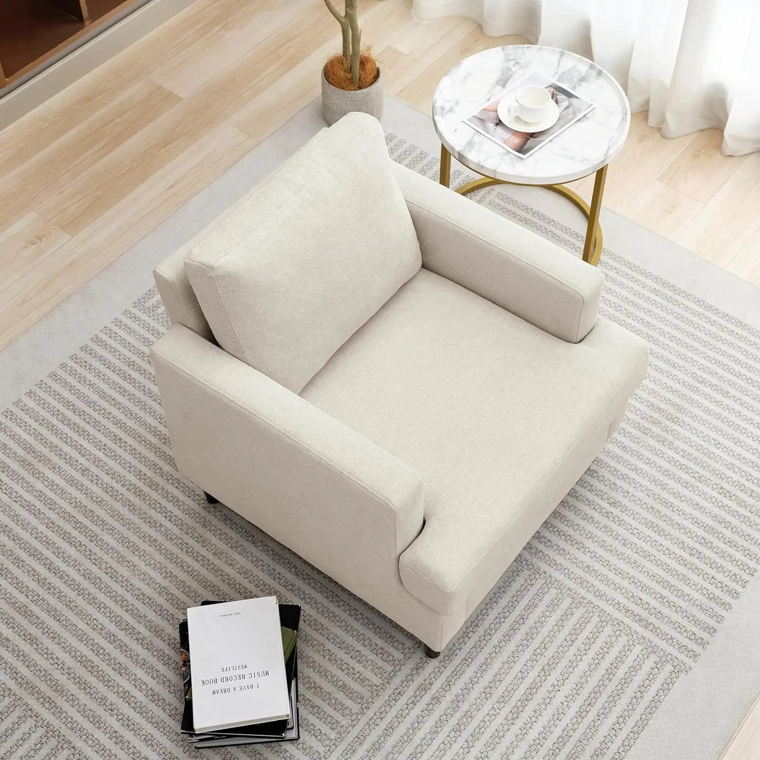 Mid-Century Accent Chair, Modern Linen Fabric Armchair for Living Room, Comfy Upholstered Reading Accent Chair(Beige, 1 Pack)