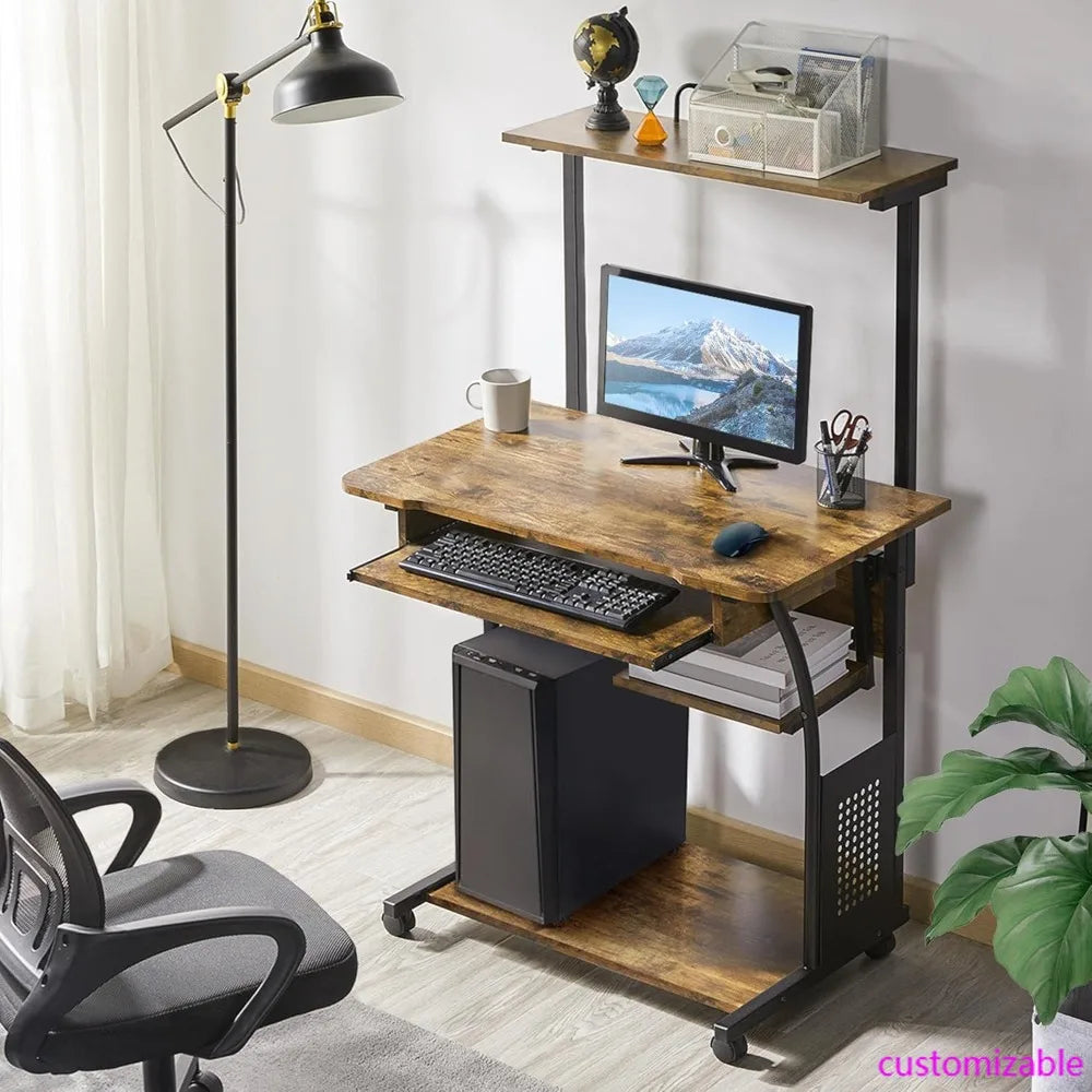 3 Tiers Rolling Computer Desk with Keyboard Tray and Printer Shelf for Home Office, Mobile Computer Desk for Small Space, Retro
