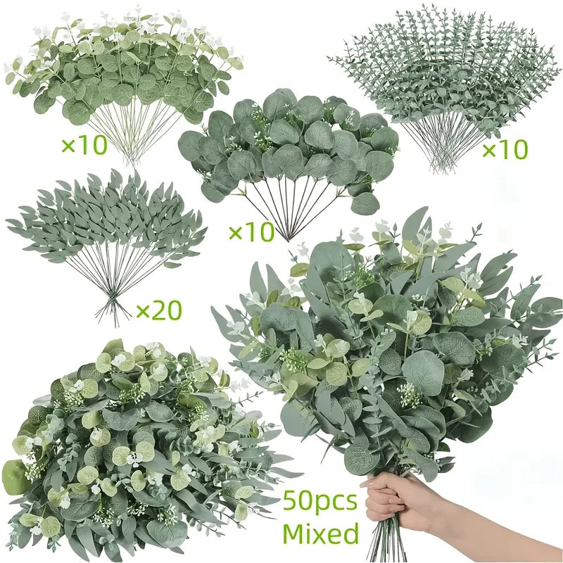 50/90PCS Artificial Flowers Bouquets Mixed Eucalyptus Leaves Willow Silver Eucalyptus Cuttings for Wedding Floral DIY Home Decor