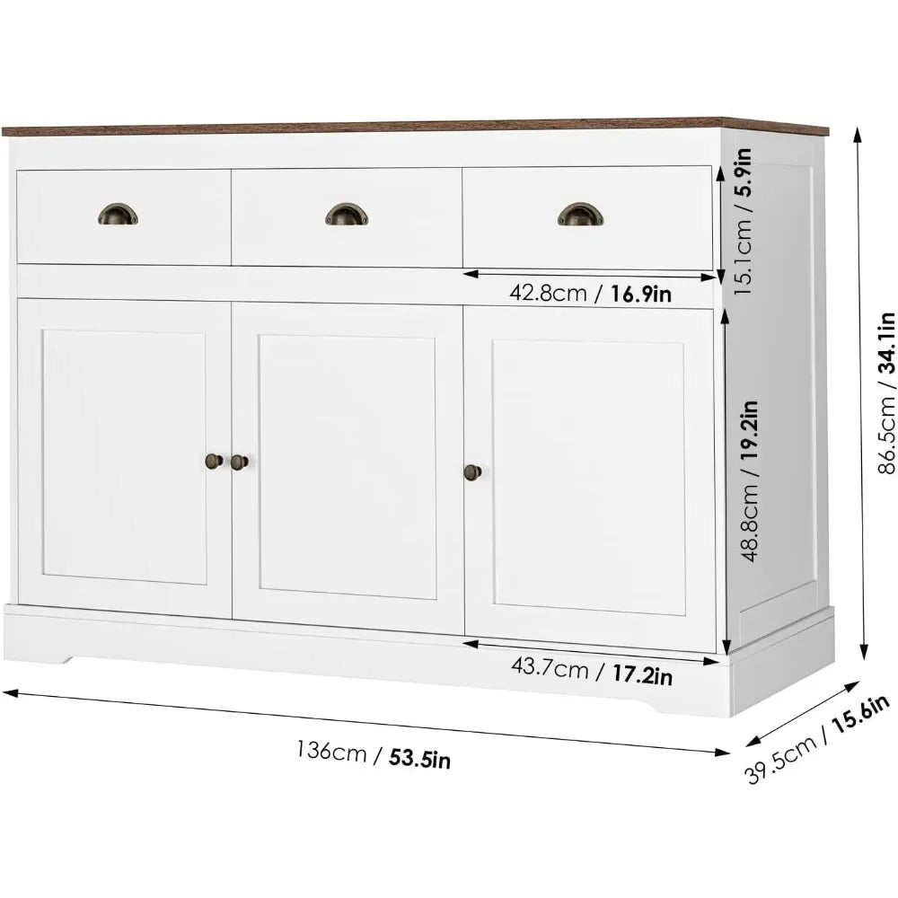 White Buffet Farmhouse Cabinet Storage Sideboard, Bar Wine Cabinet with 3 Drawers & 3 Doors Adjustable Shelves