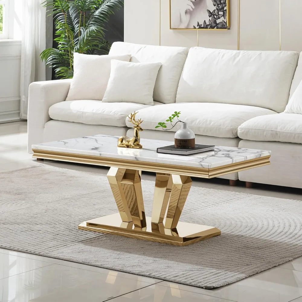 Luxury Marble Coffee Table with Stainless Steel Pedestal, 47" Modern Gold Coffee Table for Living Room, Rectangle Faux Marble