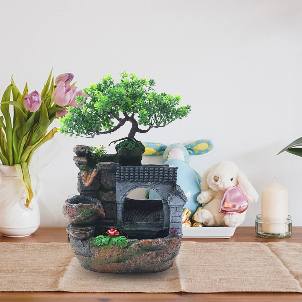 11" Desktop Fountain Rock Waterfall Humidifier with LED Light, Tabletop Water Fountains/ Indoor Fake Plant Bonsai Tree