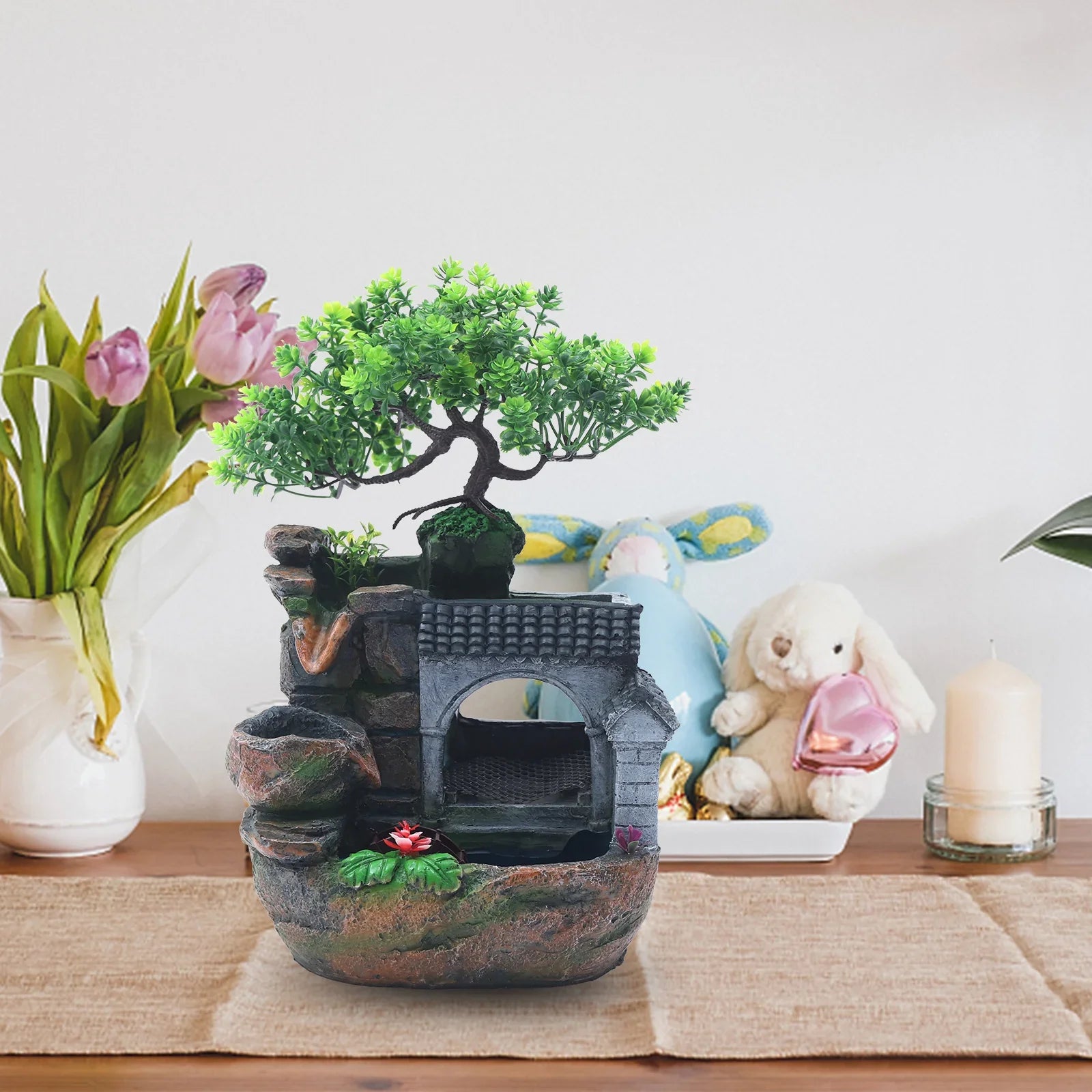 11" Desktop Fountain Rock Waterfall Humidifier with LED Light, Tabletop Water Fountains/ Indoor Fake Plant Bonsai Tree