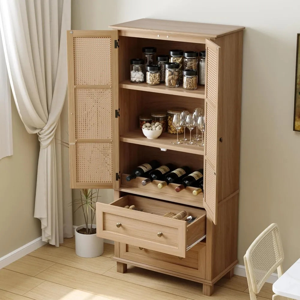 Kitchen Pantry Storage Cabinet, Tall Cabinet with Rattan Doors and 2 Drawers, Freestanding Cupboard, Adjustable Shelves, Utility